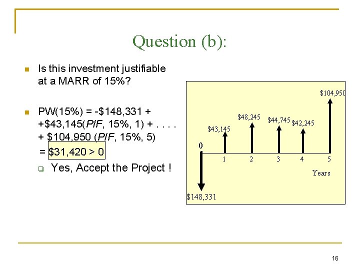Question (b): Is this investment justifiable at a MARR of 15%? $104, 950 PW(15%)