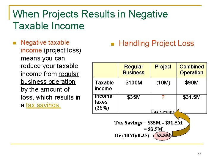 When Projects Results in Negative Taxable Income Negative taxable income (project loss) means you