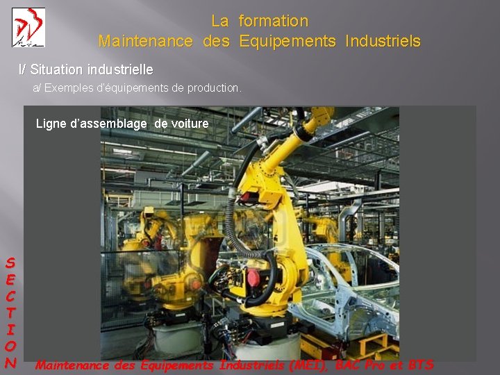 La formation Maintenance des Equipements Industriels I/ Situation industrielle a/ Exemples d’équipements de production.