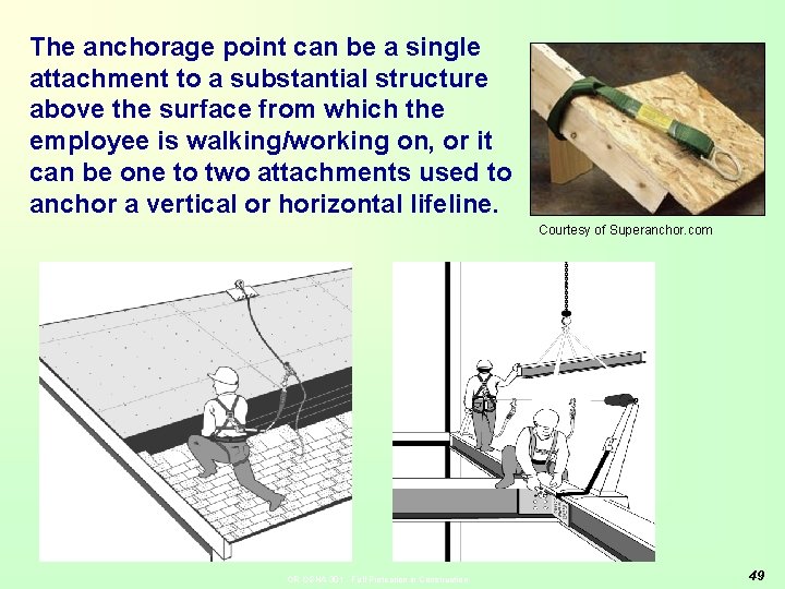 The anchorage point can be a single attachment to a substantial structure above the