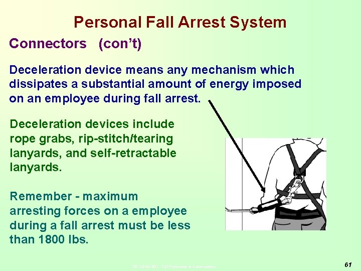 Personal Fall Arrest System Connectors (con’t) Deceleration device means any mechanism which dissipates a