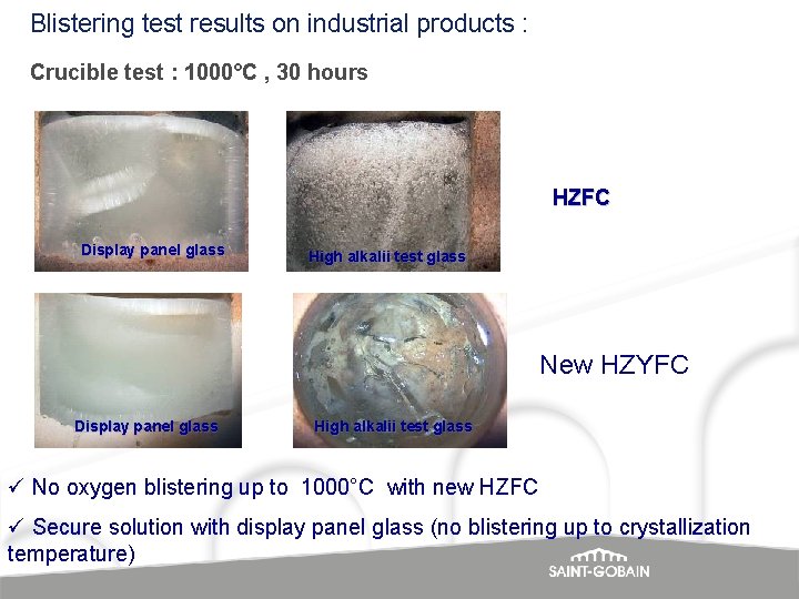 Blistering test results on industrial products : Crucible test : 1000°C , 30 hours