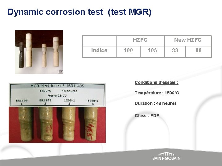 Dynamic corrosion test (test MGR) HZFC Indice 100 New HZFC 105 83 Conditions d’essais