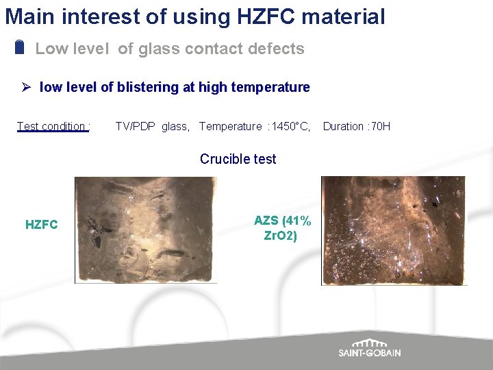 Main interest of using HZFC material Low level of glass contact defects Ø low