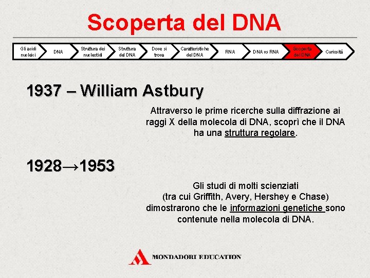 Scoperta del DNA Gli acidi nucleici DNA Struttura dei nucleotidi Struttura del DNA Dove