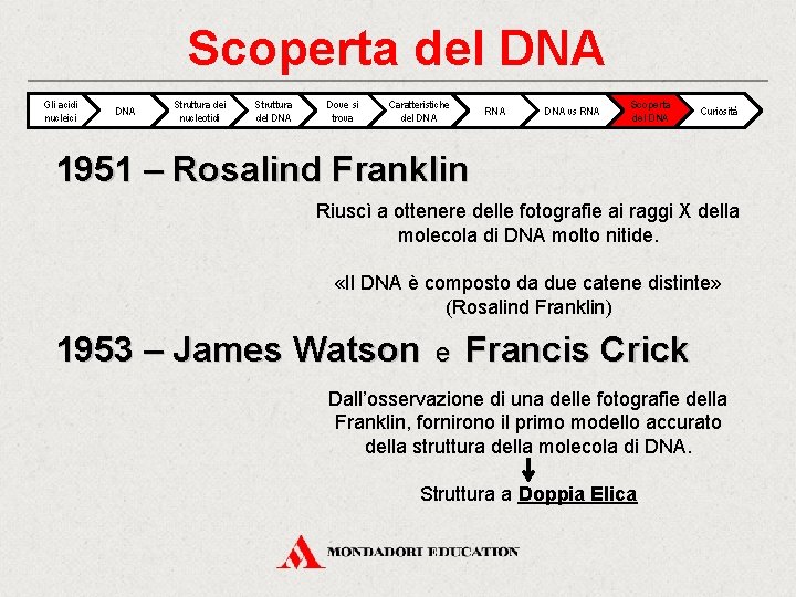 Scoperta del DNA Gli acidi nucleici DNA Struttura dei nucleotidi Struttura del DNA Dove