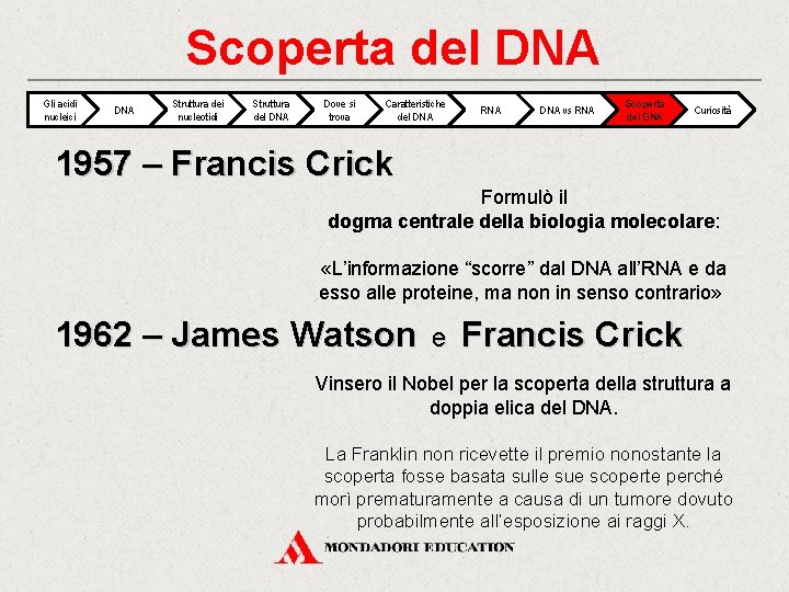 Scoperta del DNA Gli acidi nucleici DNA Struttura dei nucleotidi Struttura del DNA Dove