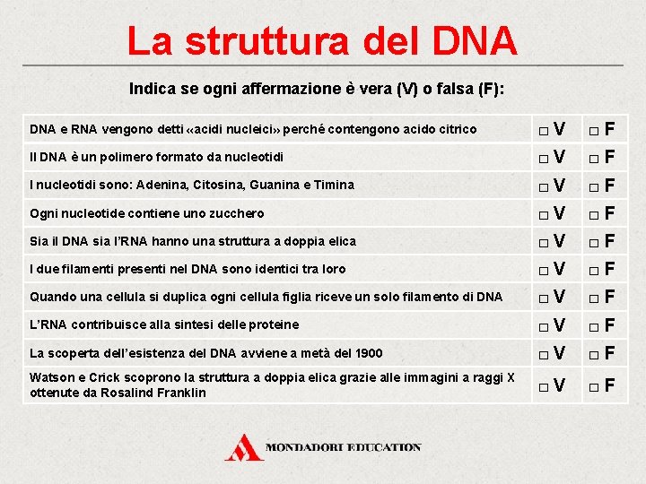 La struttura del DNA Indica se ogni affermazione è vera (V) o falsa (F):