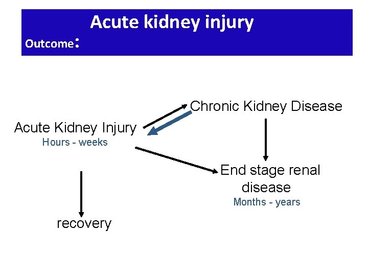Outcome : Acute kidney injury Chronic Kidney Disease Acute Kidney Injury Hours - weeks