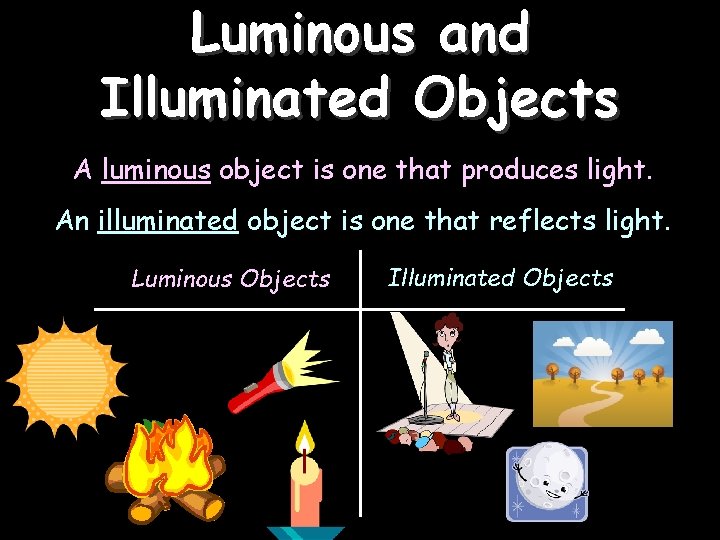 Luminous and Illuminated Objects A luminous object is one that produces light. An illuminated