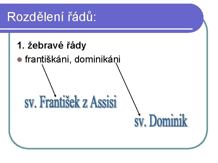 Rozdělení řádů: 1. žebravé řády l františkáni, dominikáni 