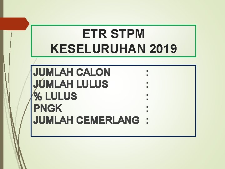 ETR STPM KESELURUHAN 2019 JUMLAH CALON JUMLAH LULUS % LULUS PNGK JUMLAH CEMERLANG :