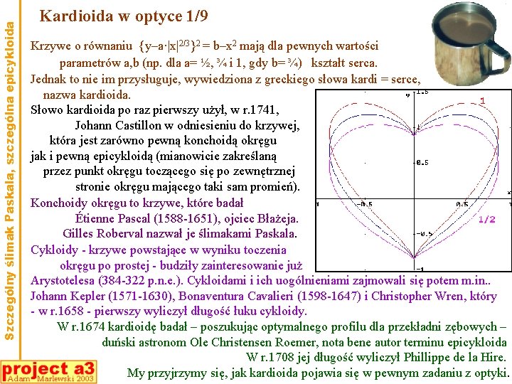 Szczególny ślimak Paskala, szczególna epicykloida Kardioida w optyce 1/9 Krzywe o równaniu {y–a·|x|2/3}2 =