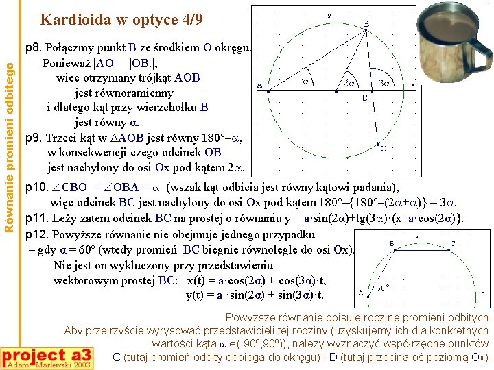 Równanie promieni odbitego Kardioida w optyce 4/9 p 8. Połączmy punkt B ze środkiem