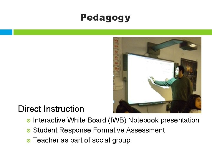 Pedagogy Direct Instruction Interactive White Board (IWB) Notebook presentation Student Response Formative Assessment Teacher