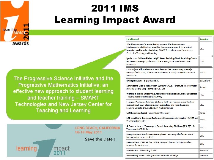 2011 IMS Learning Impact Award The Progressive Science Initiative and the Progressive Mathematics Initiative: