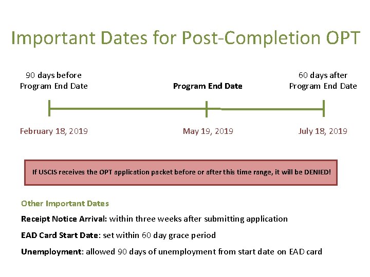 Important Dates for Post-Completion OPT 90 days before Program End Date 60 days after Important Dates for Post-Completion OPT 90 days before Program End Date 60 days after