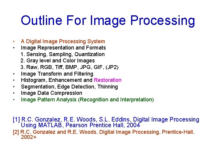 Outline For Image Processing • • A Digital Image Processing System Image Representation and