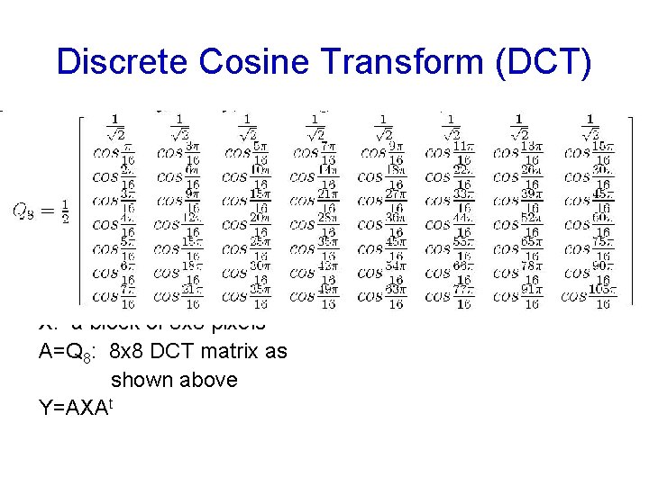 Discrete Cosine Transform (DCT) X: a block of 8 x 8 pixels A=Q 8: