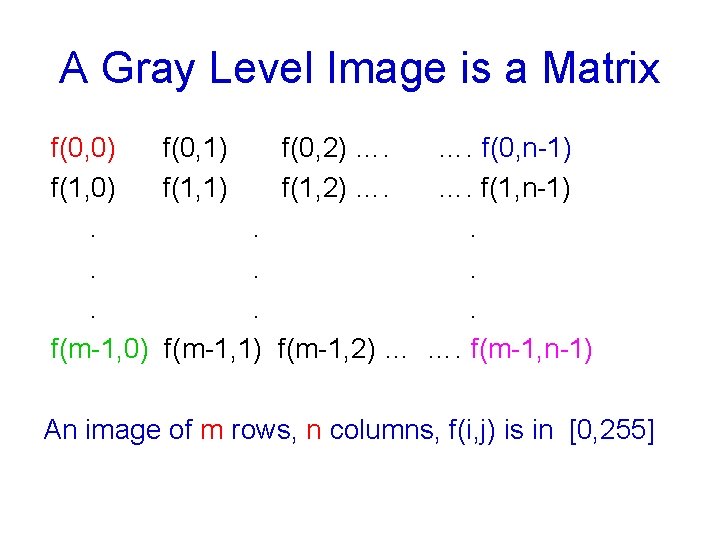 A Gray Level Image is a Matrix f(0, 0) f(0, 1) f(0, 2) ….