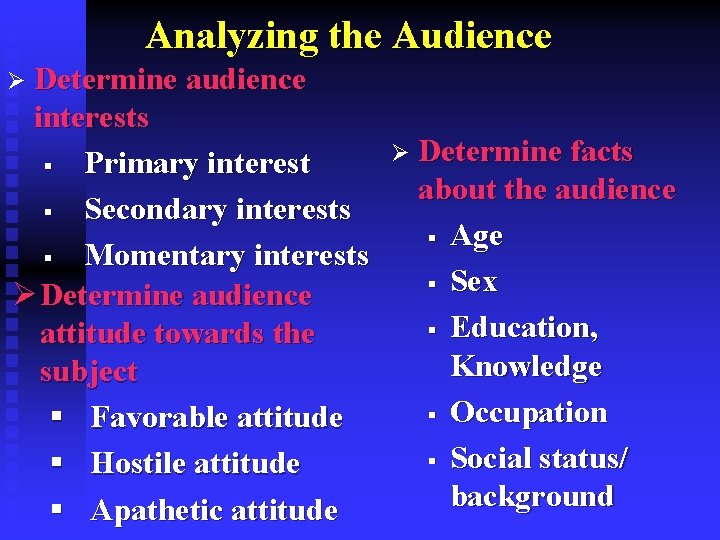 Analyzing the Audience Ø Determine audience interests § Primary interest § Secondary interests §