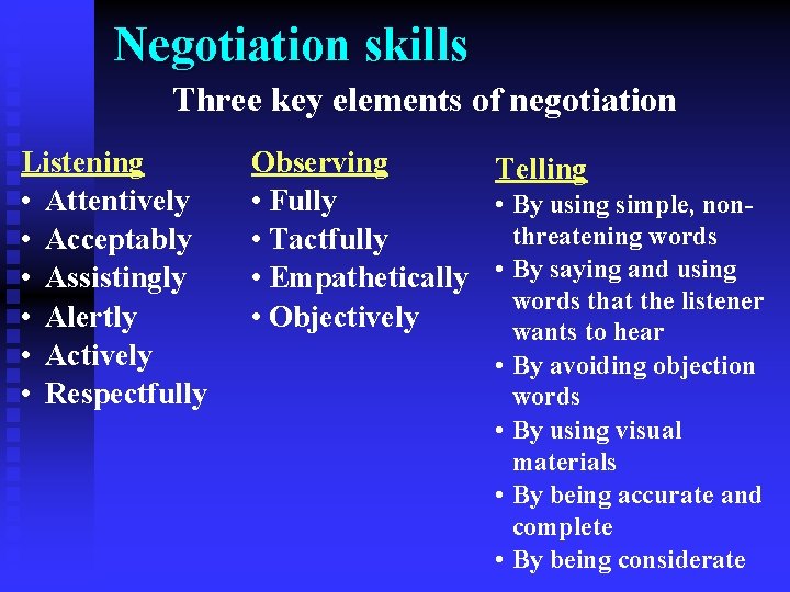 Negotiation skills Three key elements of negotiation Listening • Attentively • Acceptably • Assistingly