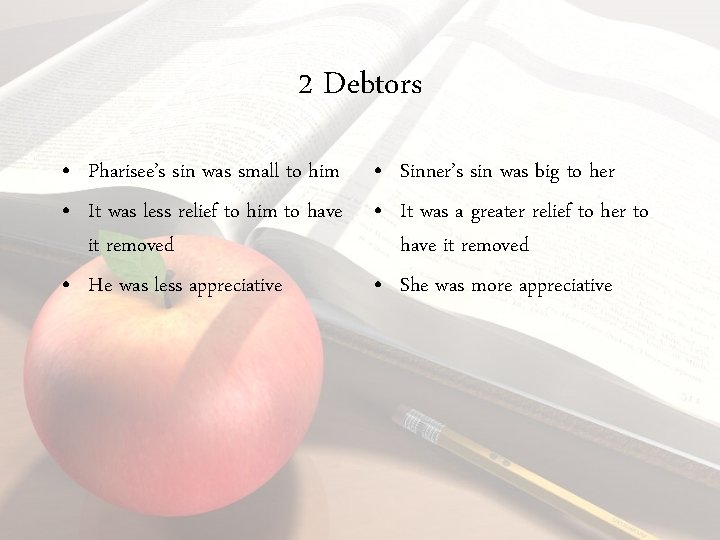 2 Debtors • Pharisee’s sin was small to him • It was less relief