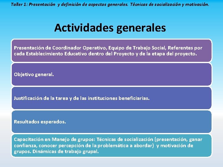 Taller 1: Presentación y definición de aspectos generales. Técnicas de socialización y motivación. Actividades