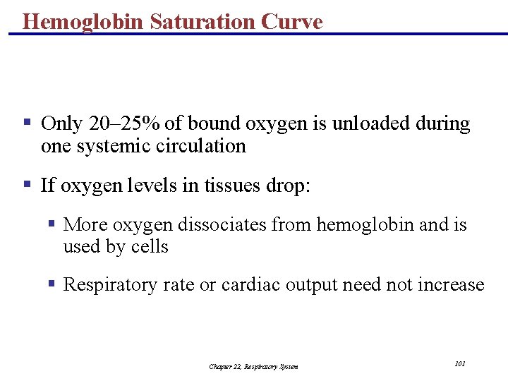 Hemoglobin Saturation Curve § Only 20– 25% of bound oxygen is unloaded during one