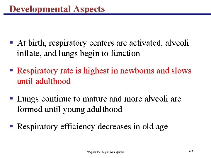 Developmental Aspects § At birth, respiratory centers are activated, alveoli inflate, and lungs begin