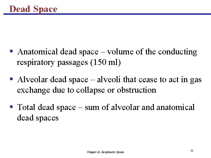 Dead Space § Anatomical dead space – volume of the conducting respiratory passages (150