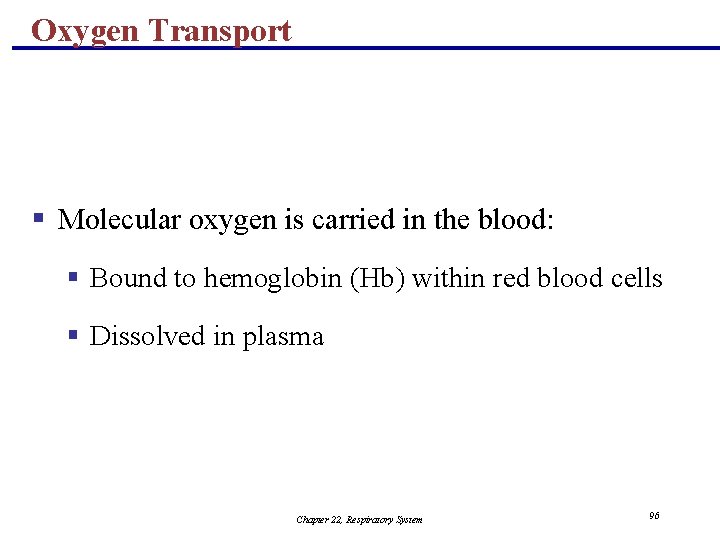 Oxygen Transport § Molecular oxygen is carried in the blood: § Bound to hemoglobin