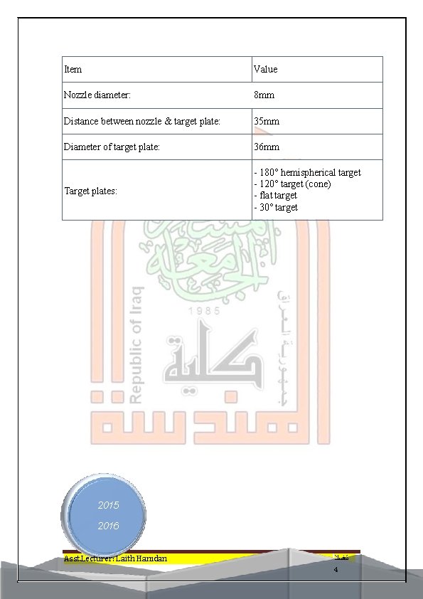 Item Value Nozzle diameter: 8 mm Distance between nozzle & target plate: 35 mm