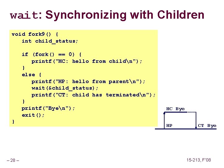 wait: Synchronizing with Children void fork 9() { int child_status; if (fork() == 0)