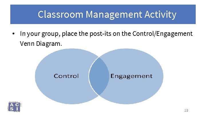 Classroom Management Activity • In your group, place the post-its on the Control/Engagement Venn