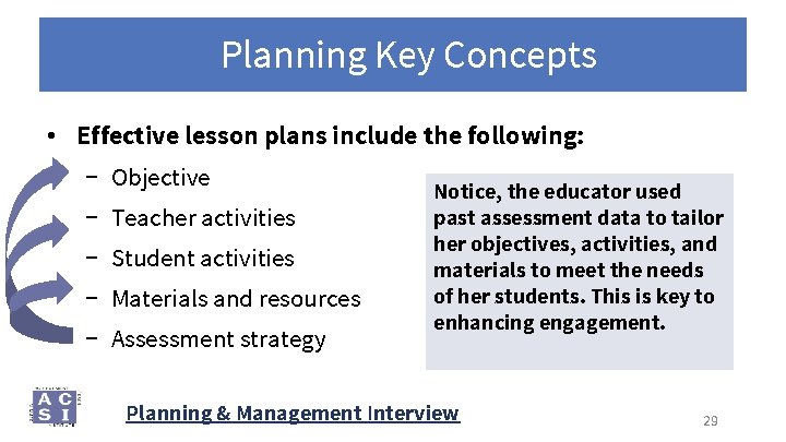 Planning Key Concepts • Effective lesson plans include the following: − Objective − Teacher