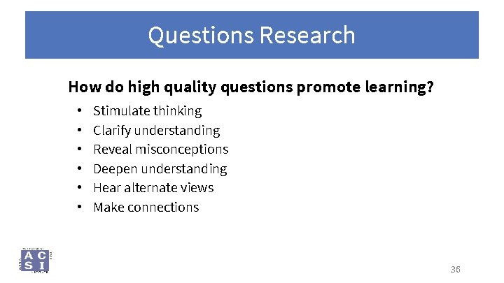 Questions Research How do high quality questions promote learning? • • • Stimulate thinking