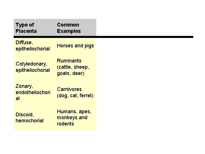 Type of Placenta Common Examples Diffuse, epitheliochorial Horses and pigs Cotyledonary, epitheliochorial Ruminants (cattle,