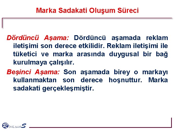 Marka Sadakati Oluşum Süreci Dördüncü Aşama: Dördüncü aşamada reklam iletişimi son derece etkilidir. Reklam Marka Sadakati Oluşum Süreci Dördüncü Aşama: Dördüncü aşamada reklam iletişimi son derece etkilidir. Reklam