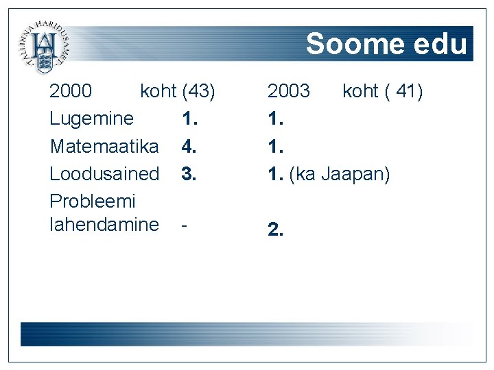 Soome edu 2000 koht (43) Lugemine 1. Matemaatika 4. Loodusained 3. Probleemi lahendamine -