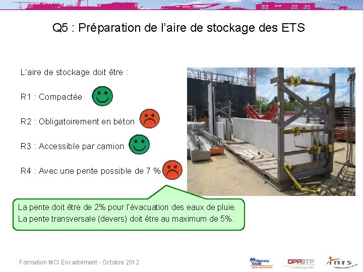 Q 5 : Préparation de l’aire de stockage des ETS L’aire de stockage doit