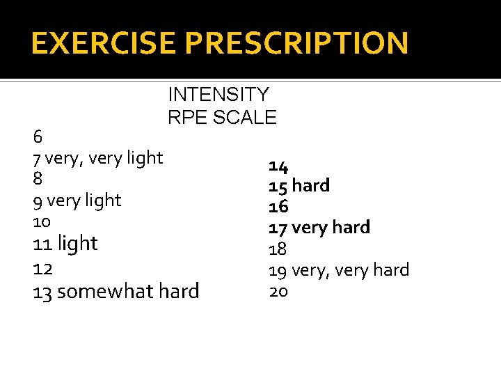 EXERCISE PRESCRIPTION 6 7 very, very light 8 9 very light 10 INTENSITY RPE