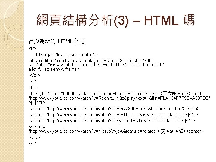網頁結構分析(3) – HTML 碼 替換為新的 HTML 語法 <tr> <td valign="top" align="center"> <iframe title="You. Tube