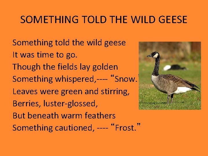 SOMETHING TOLD THE WILD GEESE Something told the wild geese It was time to