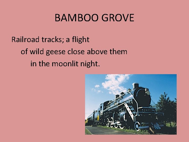 BAMBOO GROVE Railroad tracks; a flight of wild geese close above them in the