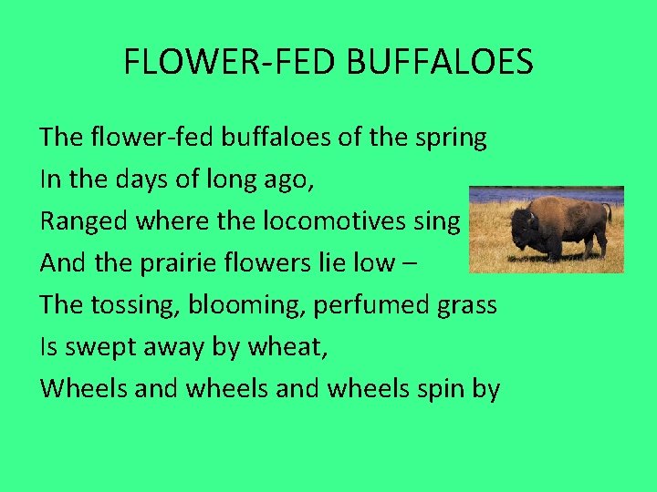 FLOWER-FED BUFFALOES The flower-fed buffaloes of the spring In the days of long ago,