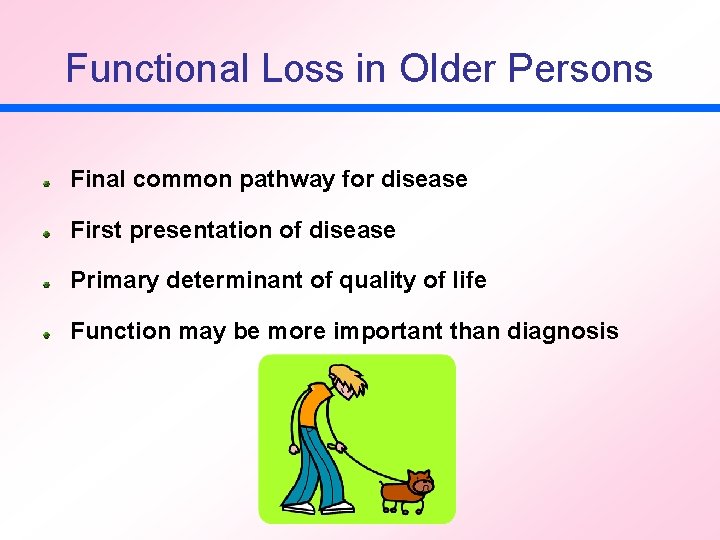 Functional Loss in Older Persons Final common pathway for disease First presentation of disease