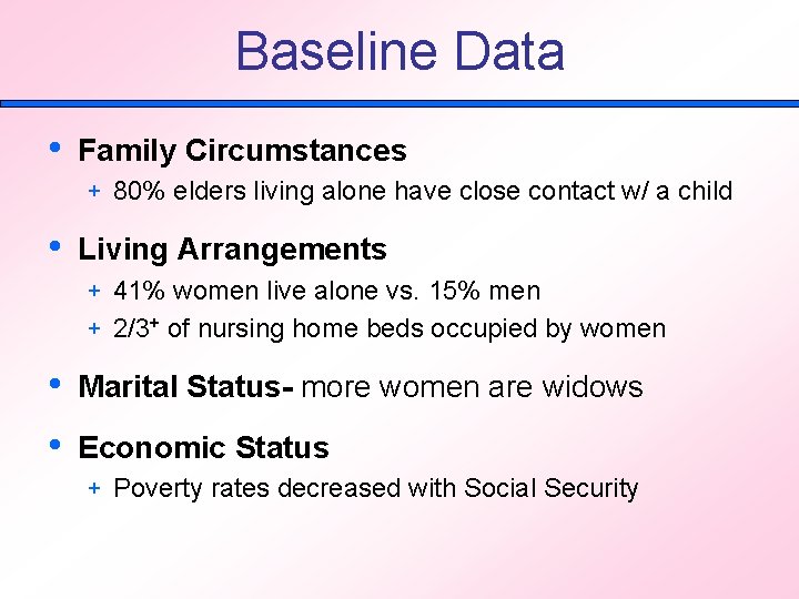 Baseline Data • Family Circumstances + 80% elders living alone have close contact w/