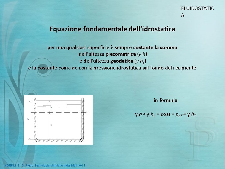 FLUIDOSTATIC A Equazione fondamentale dell’idrostatica per una qualsiasi superficie è sempre costante la somma