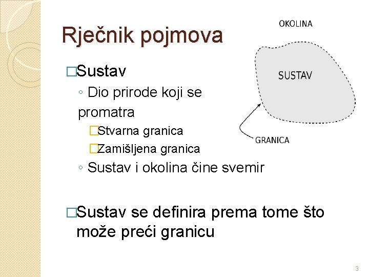 Rječnik pojmova �Sustav ◦ Dio prirode koji se promatra �Stvarna granica �Zamišljena granica ◦